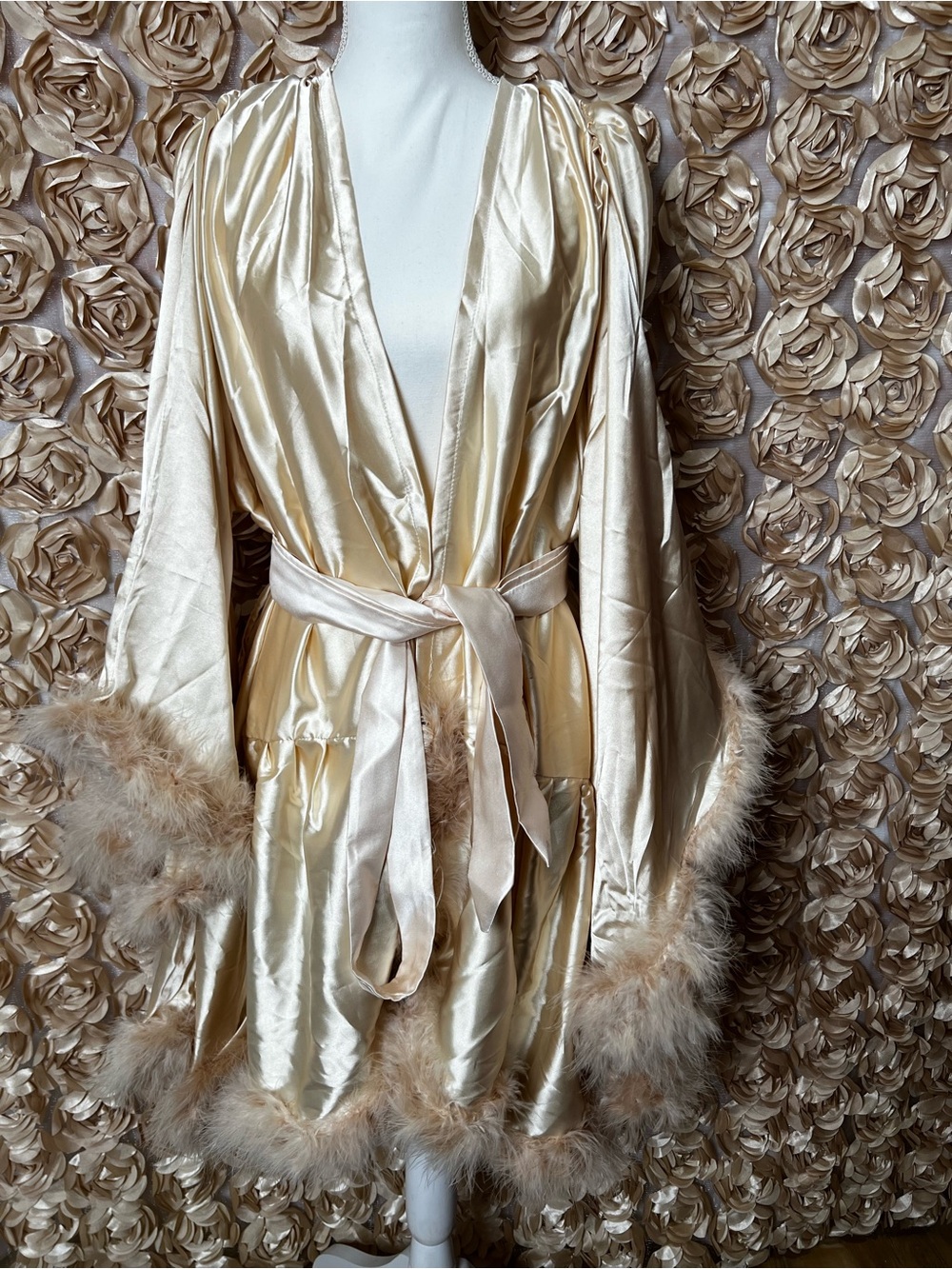 Silky Champagne Feather Trim Robe - Women's Luxe Sleepwear